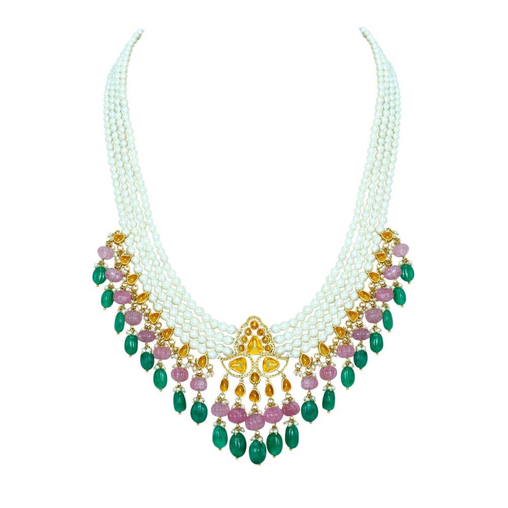 Layered Pearl Necklace with Polki, Emerald, and Rose Quartz Beads